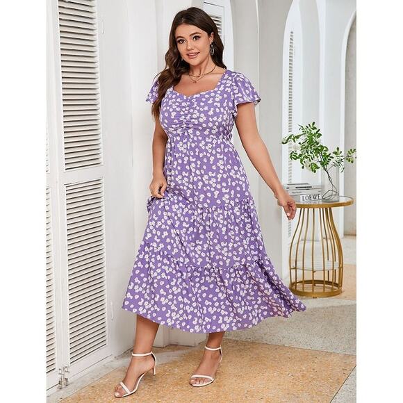 2x Plus Size Maxi Dress Floral Ruffle Sweetheart Neck Short Sleeve Pockets Rare - Picture 1 of 5
